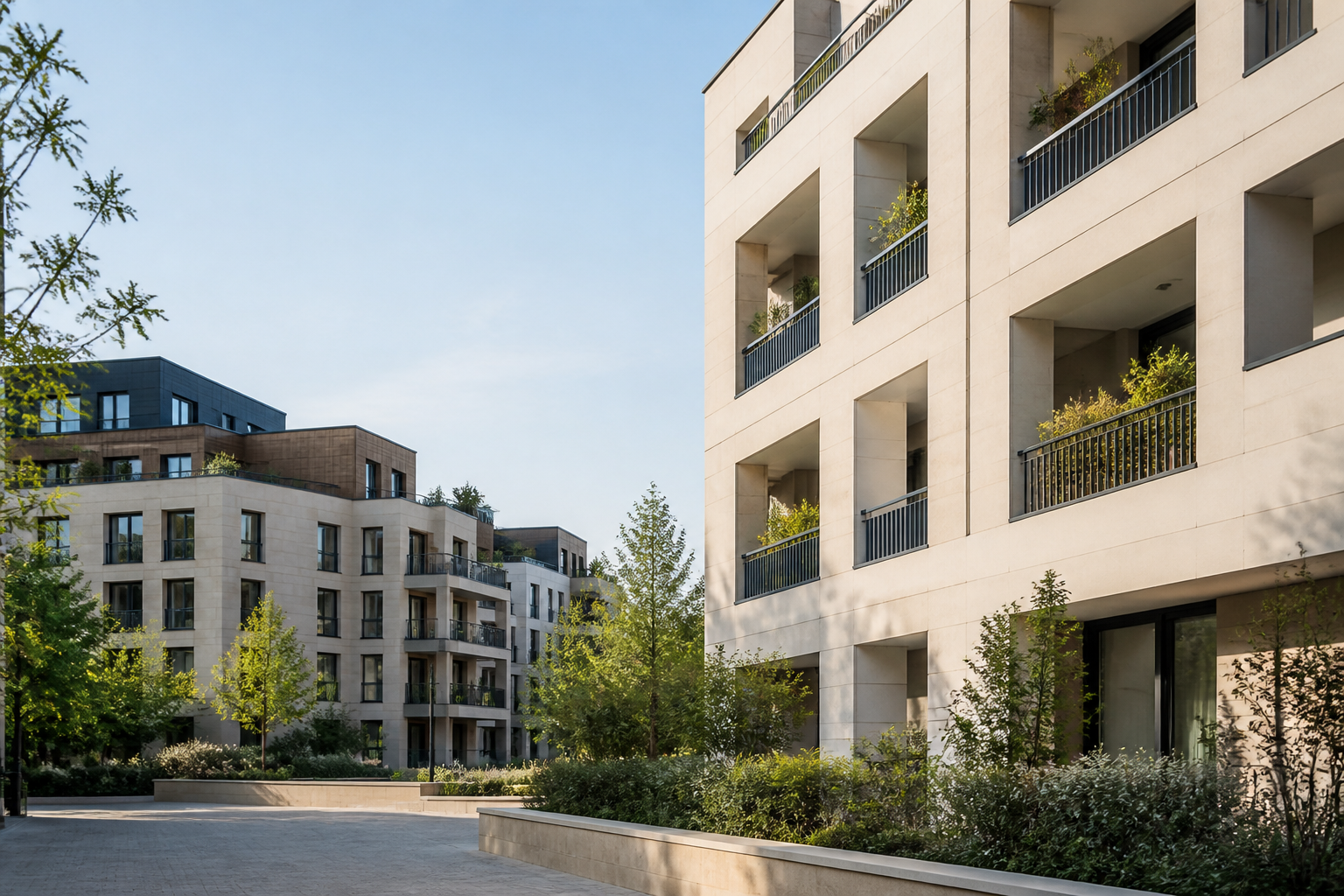 Résidence immobilière contemporaine entourée de végétation